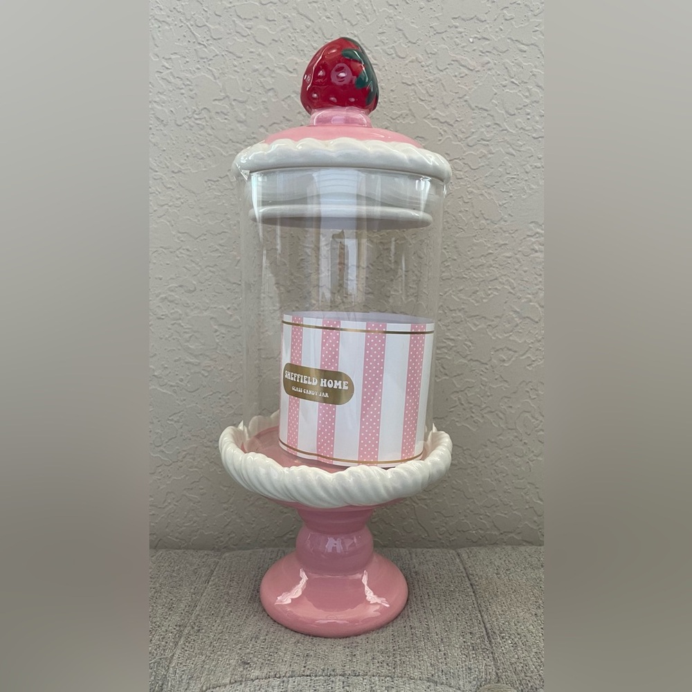 Sheffield Home Strawberry Love Pink Red Valentines Day Glass Candy Cane Jar 12”